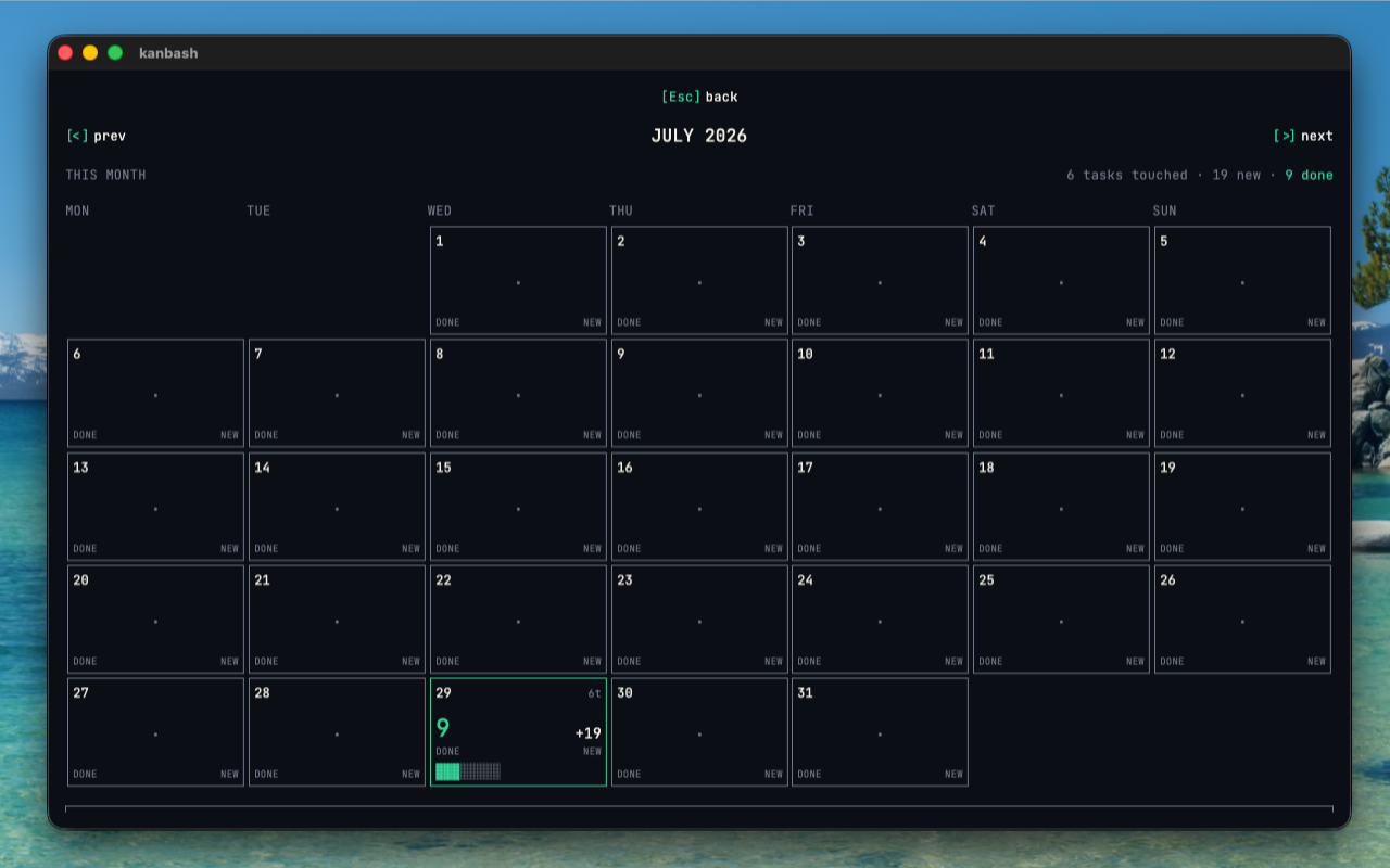 KANBASH calendar view showing daily task activity