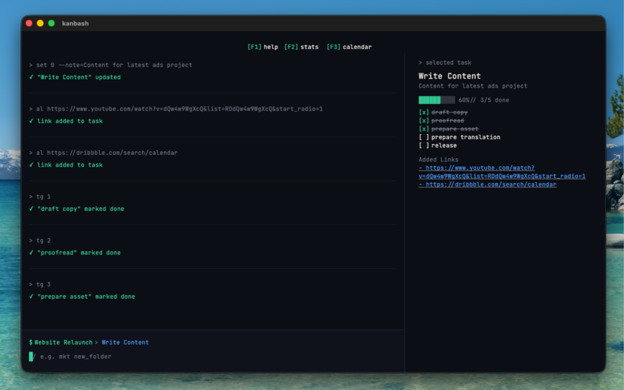 KANBASH task detail view with sub-tasks and notes