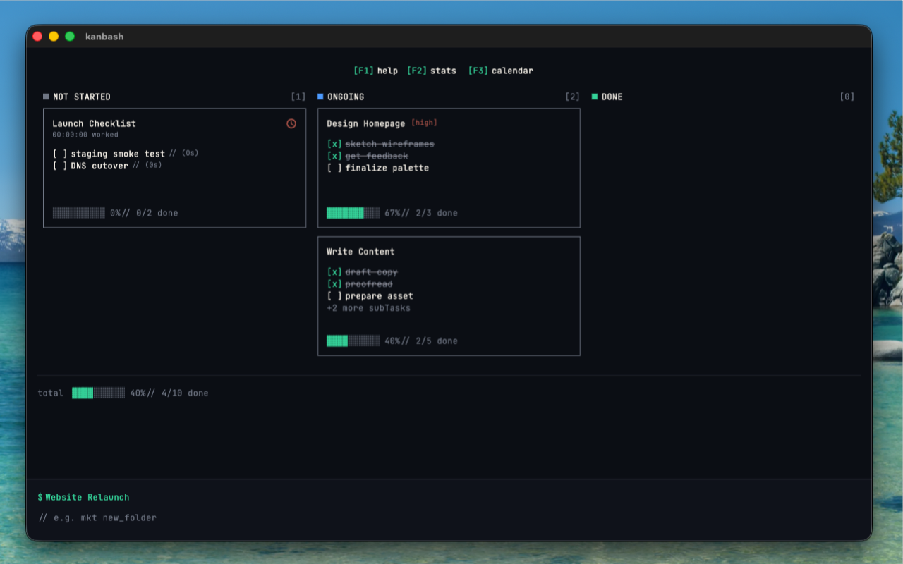 KANBASH board with tasks auto-sorted into Not Started, Ongoing, and Done